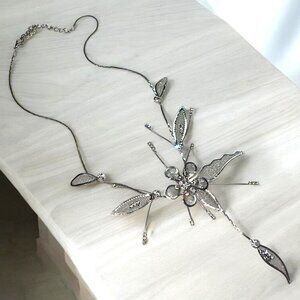 Silver Tone Statement Necklace Metal Mesh and Clear Glass Stones Floral Design
